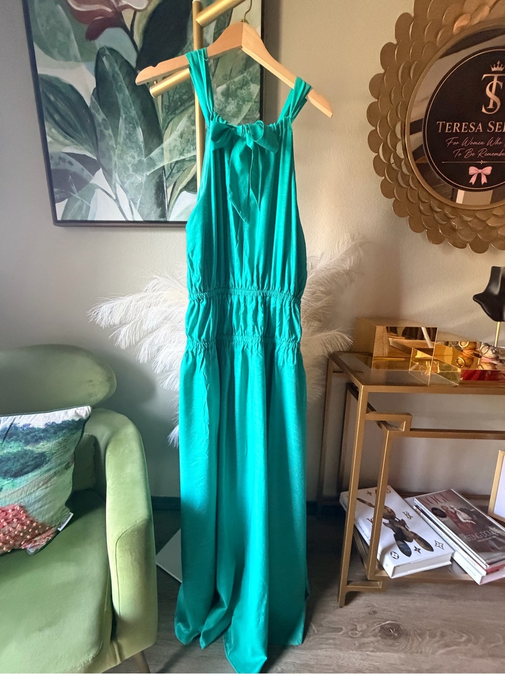 Flying Tomato Teal Halter Neck Maxi Dress Elastic Waist Size L Sleeveless - Picture 6 of 13